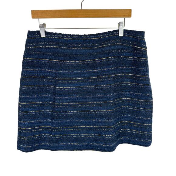 LOFT Blue Gold Shimmery Wool Blend Straight Lined Boucle Mini Skirt Size 12 - Picture 1 of 7